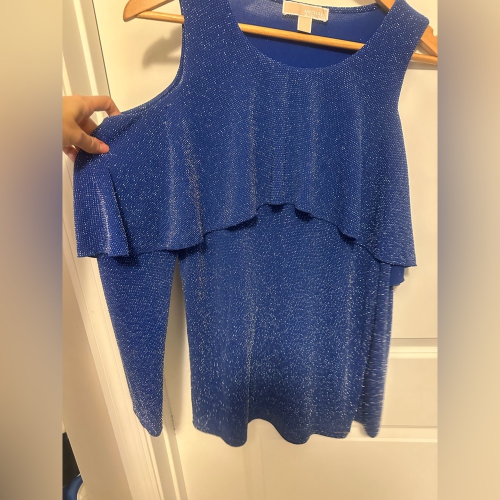 Michael Kors Royal Blue Glitter Cold-Shoulder Long Sleeve Top